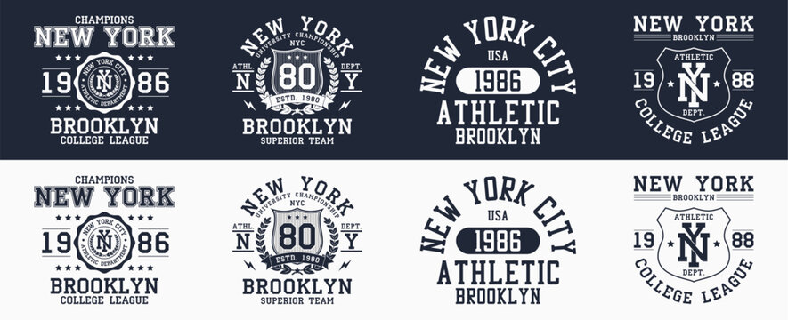 New York prints collection for t-shirt. New York city, Brooklyn typography graphics for clothes design. Set of college style t-shirts, apparel and sportswear designs. Vector.
