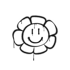Graffiti drawing flower with eyes and smile. Painted graffiti spray pattern of flower character with smile. Spray paint element. Street art style illustration. Vector.