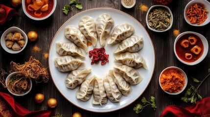 Traditional Jiaozi (Chinese Dumplings) Artfully Arranged in Flat Lay on Table. Celebrating Lunar New Year. Chinese New Year Festivities. Asian Traditional Delicacies.