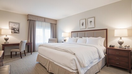Fototapeta premium Luxurious hotel room with king bed soft linens plush duvet and elegant decor