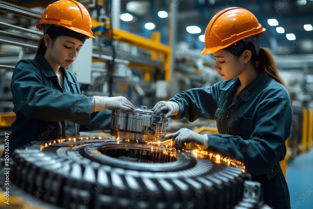 Aufkleber female engineers working on a turbine engine in a factory