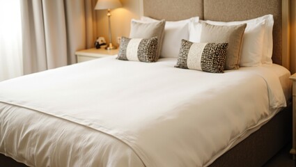 Tranquil hotel room with freshly made queen bed white linens cozy duvet and soft lighting