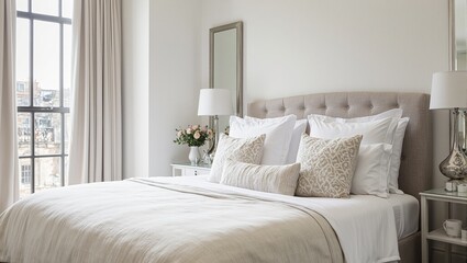 Elegant hotel room with plush bed white linens and natural light