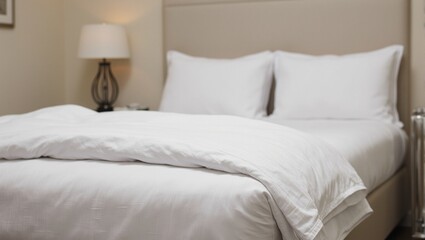 Cozy hotel suite with fresh white linens soft pillows warm neutrals and inviting soft light