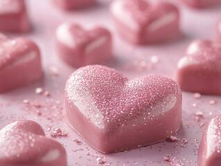 Obraz premium A close-up of pink heart-shaped chocolates, each covered in delicate sugar crystals, arranged on a soft white surface with a subtle light background. Valentine's day wallpaper