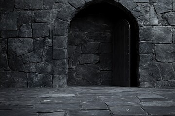Dark Stone Texture Background Featuring a Mysterious Doorway in an Ancient Stone Structure, Perfect for Fantasy and Adventure Themes