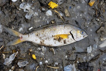 Dead Fish Washed Up on Polluted Beach Surrounded by Trash and Debris Highlighting Environmental Issues and Marine Life Challenges