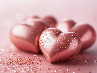 Fototapeta premium Valentine's Day background with pink heart-shaped chocolate candies on a pastel pink surface with glitter. Close-up. Minimal Valentine and Mother's day idea