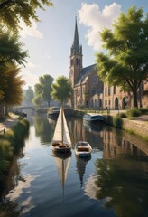 Naklejka premium Church situated on the bank of a canal with a moored sailboat, serene waterways, canal architecture, nautical landmarks