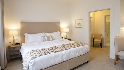 Luxurious hotel room with queen size bed adorned in white linens decorative throw and elegant decor