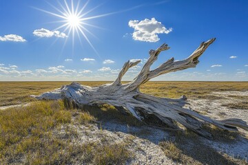 Dried Up Tree Branches Under Scorching Sunlight in a Parched Landscape Showcasing Nature's Resilience and the Effects of Climate Change on Arid Regions