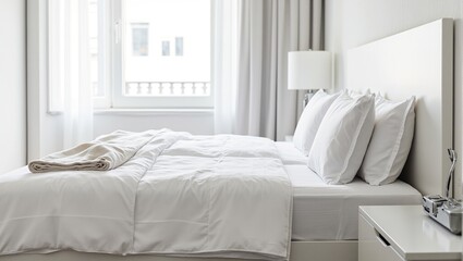 Sleek modern hotel room with freshly made bed and large windows