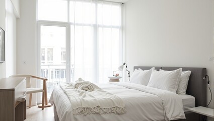 Sleek modern hotel room with freshly made bed and large windows