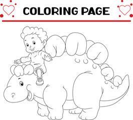 cute boy is playing with dinosaur coloring page for kids