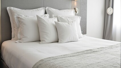 Luxurious king sized hotel bed with fresh linens and plush pillows in an elegant room