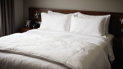 Inviting contemporary hotel room with double bed white sheets fluffy pillows dark wood furniture and soft lighting