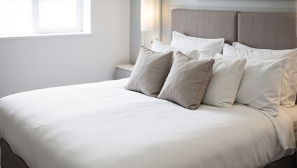 Modern hotel room with plush king bed stylish pillows and natural light