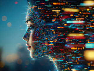 Streams of colorful data flow into a human figure as digital glitches distort their face, representing the overwhelming nature of information overload