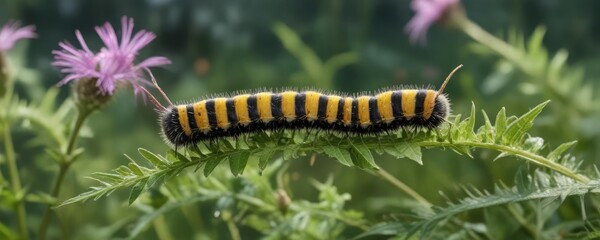 Naklejka premium Caterpillar with white stripes crawling on knapweed leaves, insect behavior, insect movement, plant leaves