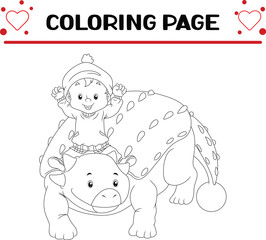 happy boy is playing with dinosaur coloring page for kids