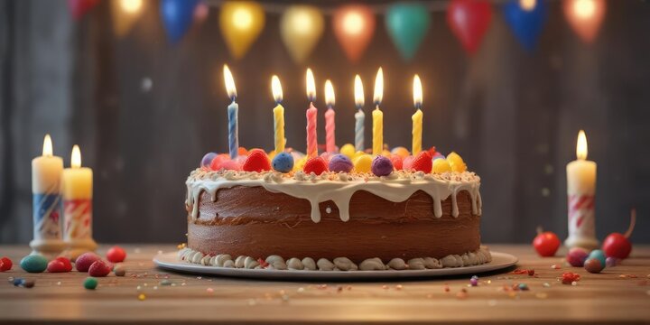 Cake decorated with happy birthday banner and candles, birthday party, sweet treat, cheer