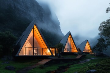 A futuristic Zakopane with eco-friendly chalets powered by solar panels, set in a high-tech mountain village surrounded by digitalized trails