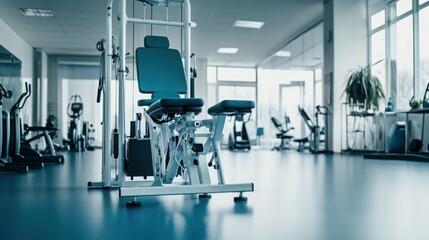 Modern rehabilitation facility equipment in a bright, spacious clinic with patients using advanced tools for physical therapy. Innovative healthcare technology supporting recovery and wellness.