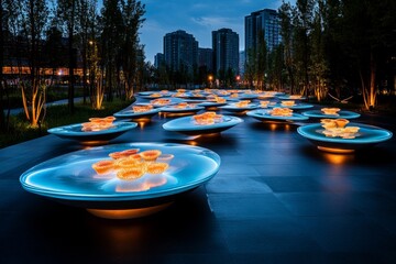 A futuristic garden with glowing zinnia flowers that emit a soft bioluminescent light, surrounded by a high-tech botanical dome