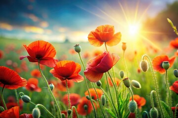 Fototapeta premium High-resolution nature photography: a stunning 8K image of vibrant red poppies in a wildflower meadow.