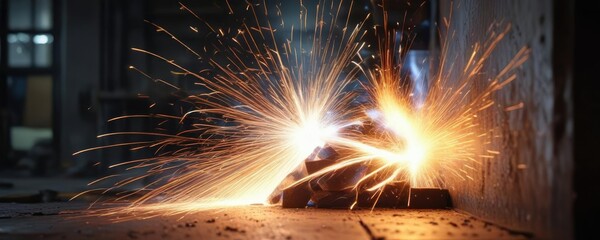 Brilliant welding sparks flying from metal arc, flame lights up dark area, fusion sparks