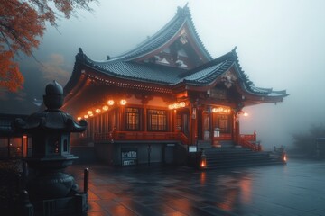 Obraz premium A gothic-style Zen temple with dramatic lighting, stone statues, and eerie fog rolling through its courtyard