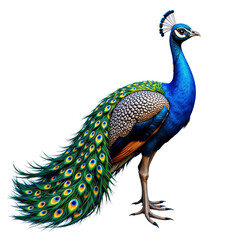 Fototapeta premium Peacock with blue feathers and patterned tail on transparent background