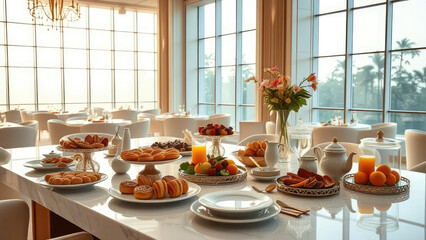 Fototapeta premium breakfast spread on a marble table in a luxurious hotel restaurant with golden accents and large windows, morning feast, soft lighting, fine china, marble countertop, upscale dining