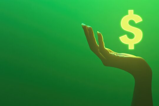 Hands Holding a Glowing Dollar Symbol Against a Green Gradient Background Perfect for Promoting Financial Success and Wealth Concepts - Powered by Adobe