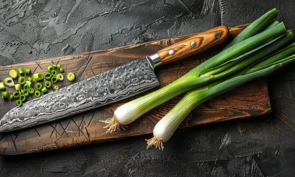 Damascus chef's knife, sliced scallions, and wooden cutting board