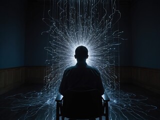 Person sits in a dark room as glowing streams of information flow from the ceiling, creating a luminous pool around them, evoking an overwhelmed expression from information overload