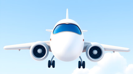 Naklejka premium Flying plane icon. Cute, cartoon 3d realistic white airplane with blue portholes, perspective view. Vector illustration. Generative AI