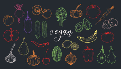 Fruits and vegetables sketch outline illustration collection. Simple doodle drawing set in engraving style. Hand drawn vector line art clipart isolated on a white background