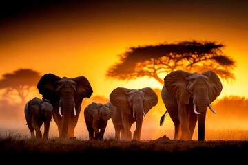 Fototapeta premium A group of elephants crossing the Tarangire River, with lush greenery and baobab trees in the background