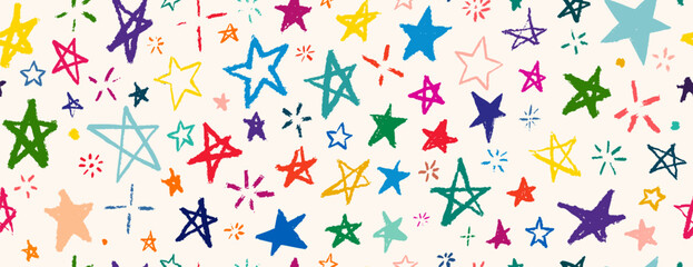 Vector kids pattern with doodle textured stars. Vector seamless background, blue and orange markers and brush stroke sketch pattern