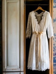 Naklejka premium Vintage wedding dress hanging on an antique wardrobe