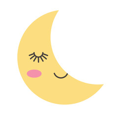 Cute crescent moon illustration with blush. Minimalistic illustration of a smiling yellow crescent moon with closed eyes and rosy cheeks, perfect for bedtime or nursery themes