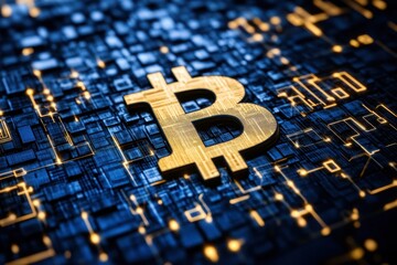 Modern Tech-Inspired Background Featuring Bitcoin Symbol on a Digital Circuit Board Design, Perfect for Financial and Cryptocurrency-Related Themes