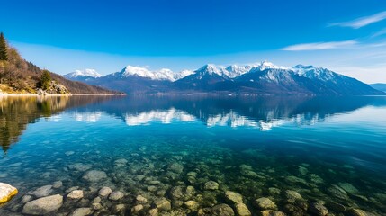 Obraz premium Majestic Mountain Range Reflected in Tranquil Alpine Lake,Symbolizing Business Challenges and