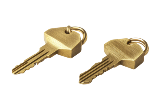 House key pair with metal house shaped keyring isolated on white background. PNG


