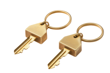 House key pair with metal house shaped keyring isolated on white background. PNG


