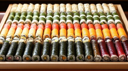 Beautifully arranged Kimbap rolls on a ceramic platter, highlighting the colorful fillings of rice, vegetables, and egg.