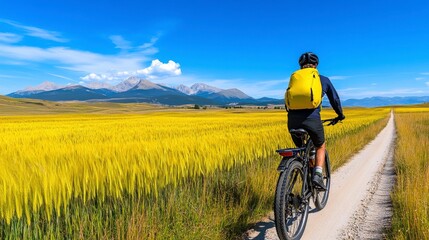 Obraz premium Scenic Mountain Landscape with Cyclist Riding through Golden Fields