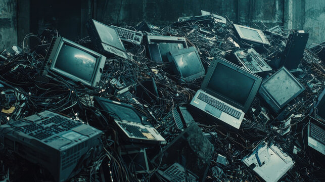 e-waste collection for recycling concept. pile of discarded laptops and electronic waste in dark, industrial setting