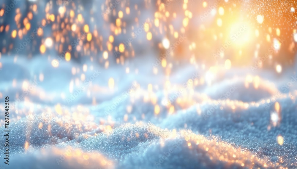 Poster golden sunlight sparkling over fresh snow, abstract winter background with warm bokeh lights and fro